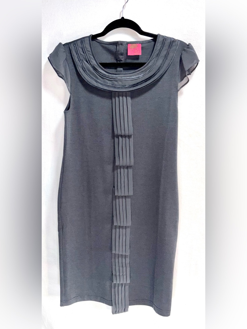 Juliette Longuet Grey Silk Trim Pleated Ruffle Knit Sheath Dress US 6 EUR 40